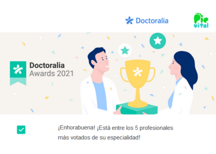 PIE VITAL ENTRE LAS 5 CLÍNICAS PODOLOGÍA MÁS VOTADAS DE DOCTORALIA AWARDS 2021